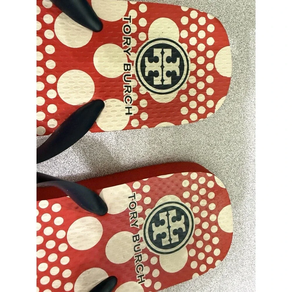 Tory Burch Red & Navy blue Gold Logo Original Wide Strap Flip Flops Sandals Sz 8